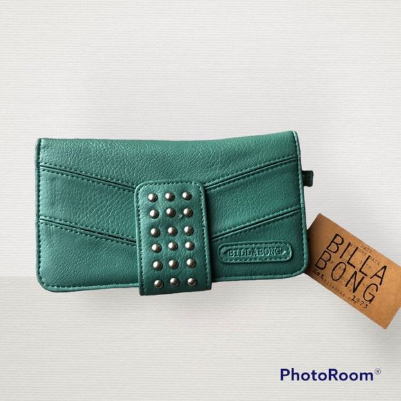 Billabong Handbags - Billabong BREEZE OVER BALTI teal Metallic Studded Snap Closure Checkbook Wallet